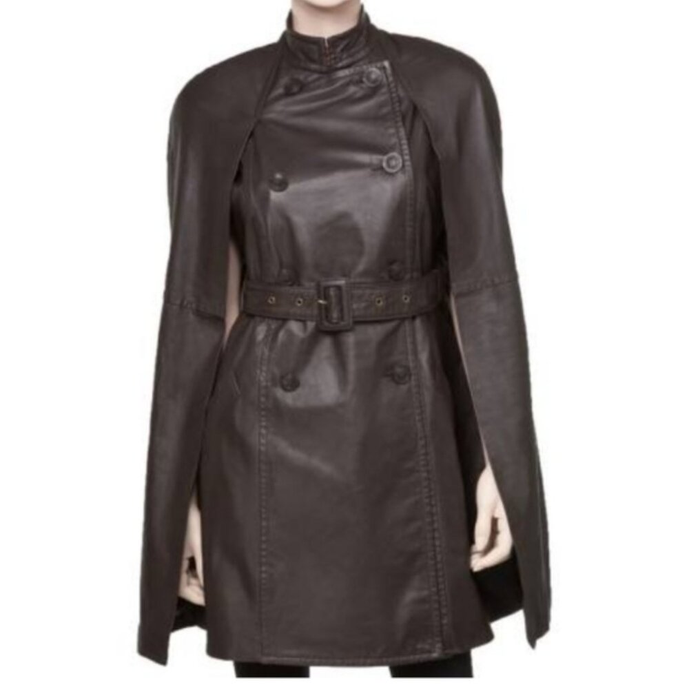 new LEON MAX spectatular Genuine Leather $1198 RETAIL Cape JACKET Brown S28/80 - Picture 3 of 16